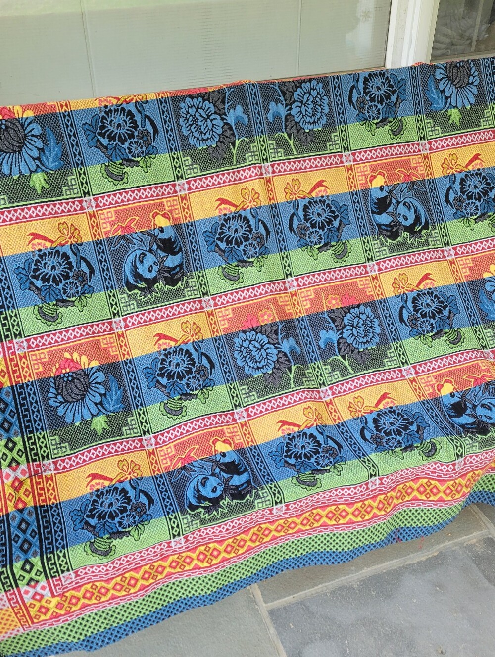 Vintage Jacquard Hand Woven Coverlet Floral Bright Beautiful Colors 60 X 70”